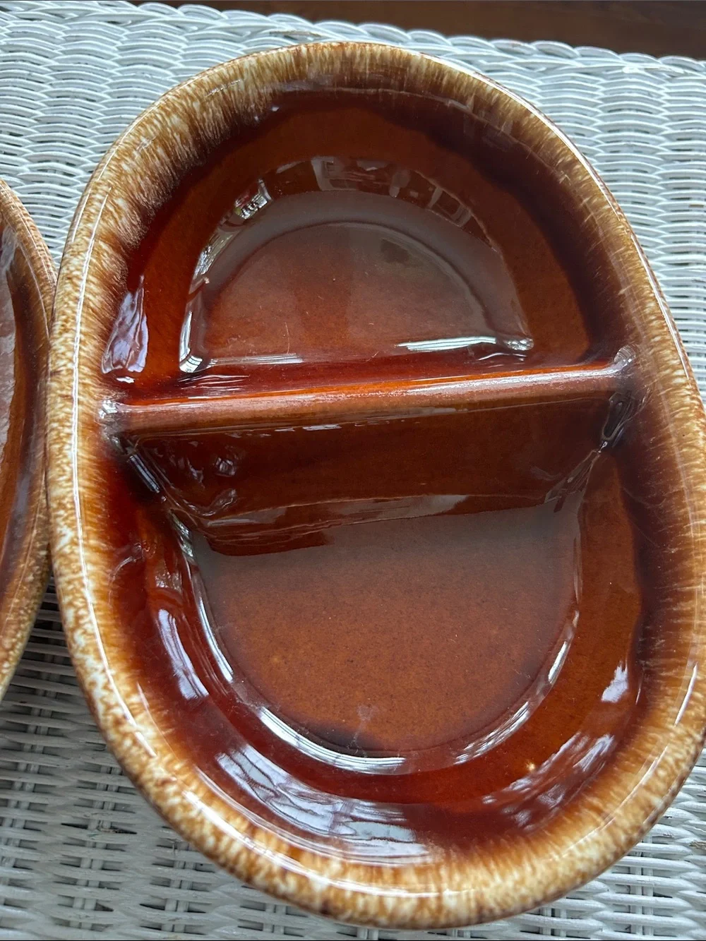 Hull Glazed Brown Ceramic Divided Serving Dish - Double Compartment and Platter
